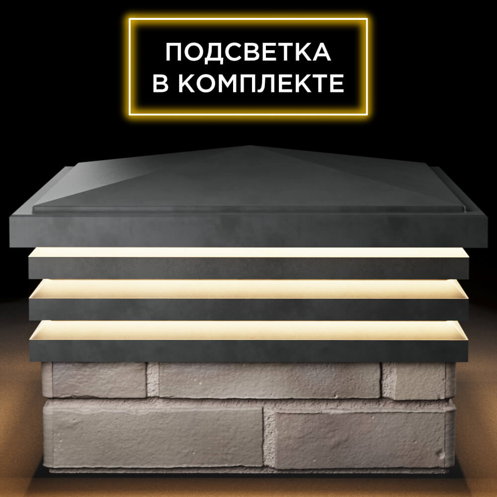 Колпак Zking Бона ХайТек Серый на столб 1.5х1.5 кирпича (385х385мм) с подсветкой Киржач фото